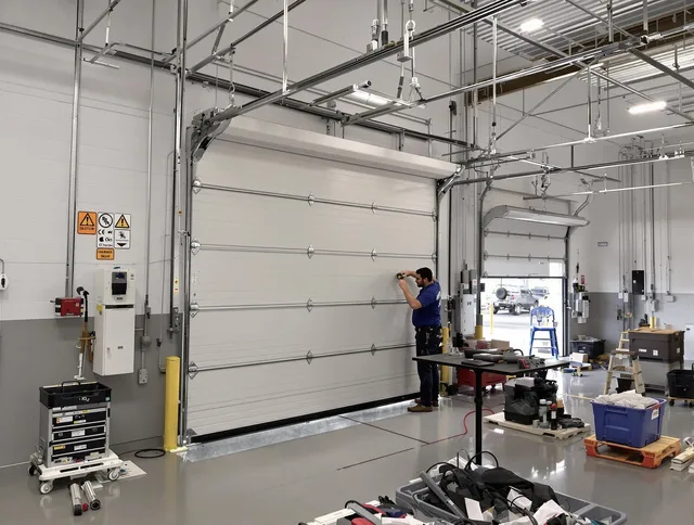 Commercial garage door repair being performed by Vernon Garage Door Repair expert in Vernon