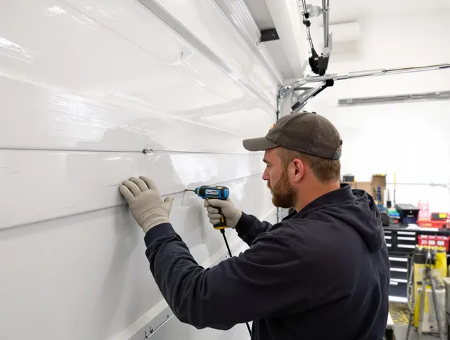 Vernon Garage Door Repair technician demonstrating precision dent removal techniques on a Vernon garage door