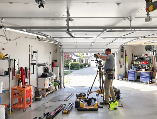 Vernon Garage Door Repair specialist performing laser-guided track alignment in Vernon